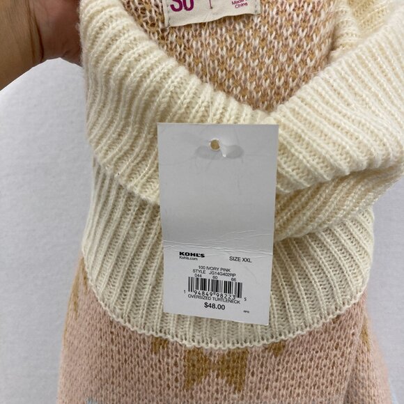 New SO size XXL Cream Boho Print Turtle Neck Puff Sleeve Tunic Sweater Cozy - Picture 3 of 11